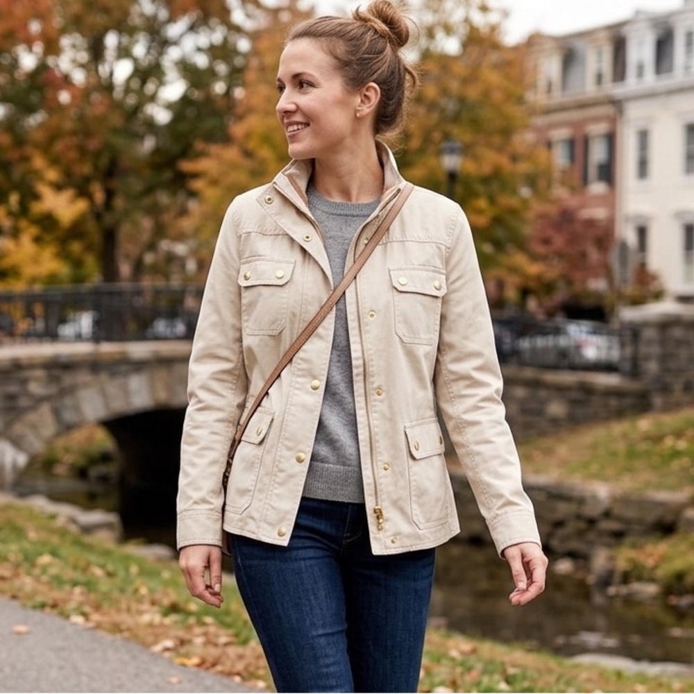 JCrew Downtown Field Jacket Twill Utility Waxed Cotton Beige Size S NWOT